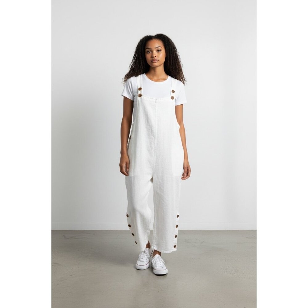 Dunes Women's White Button-Detail Sleeveless Jumpsuit XL Relaxed Fit